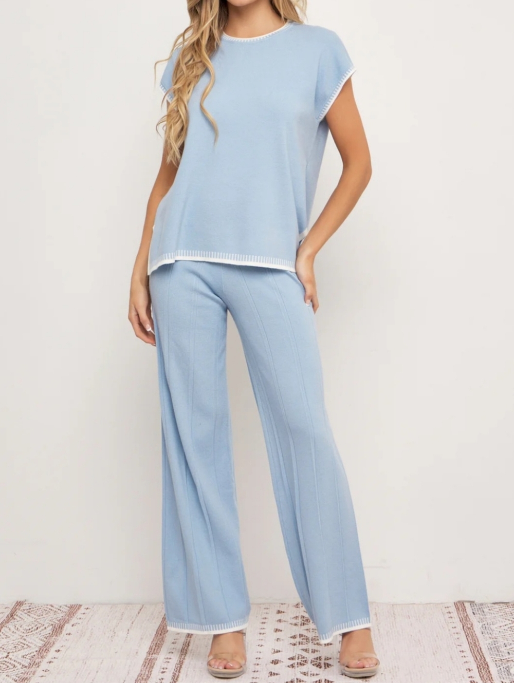 #51587 🛑S,M,L HIGH END Knit Sleeveless Top & Pants Set w/ Contrast